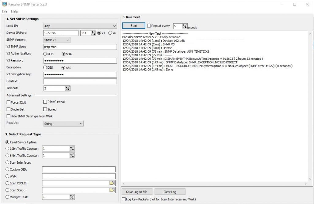 Example image showing the SNMP tester reading the device uptime from our configured switch. This tool in invaluable for SNMP testing.